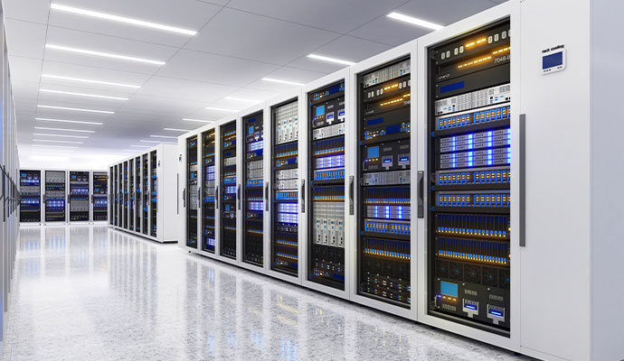 Modern data center with clean server racks and glowing indicator lights