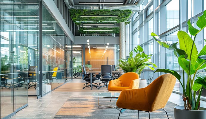 Modern office interior with glass walls and orange lounge chairs