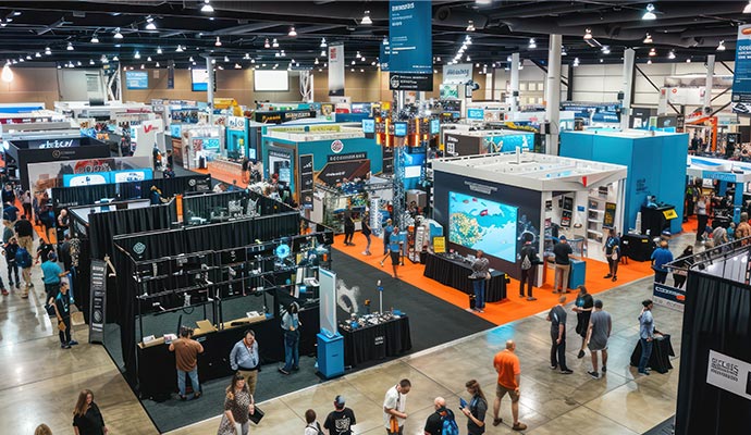 Overhead view of a busy trade show floor