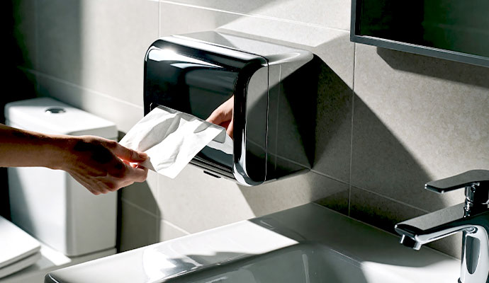 Person taking paper towel from wall-mounted chrome dispenser above restroom sink
