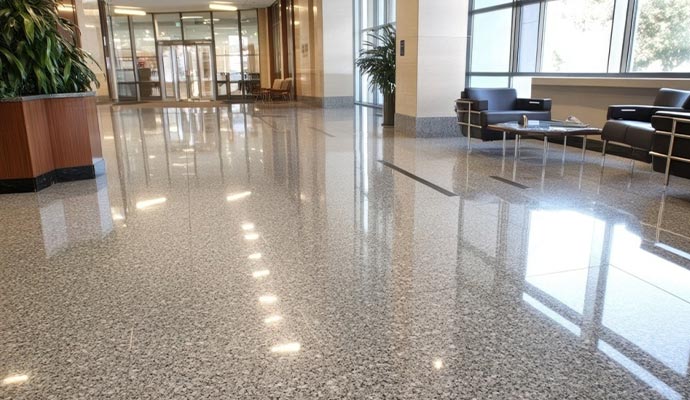 Modern commercial lobby with polished granite flooring, clean seating area and bright interior lighting