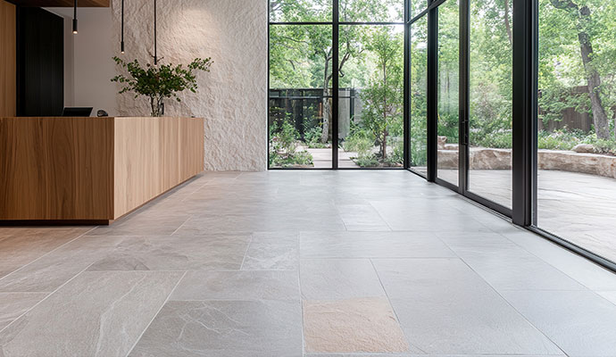 Polished natural stone and marble tiled floor in commercial office lobby
