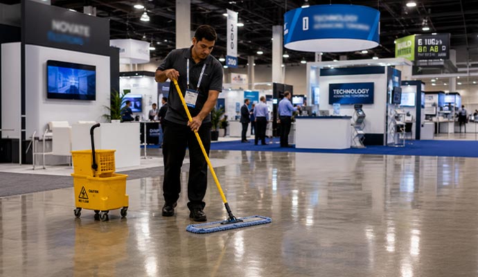 Professional janitor cleaning convention center floor