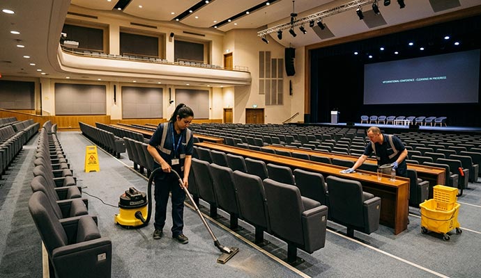 Professionals cleaning auditorium floor