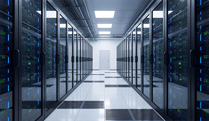 Server room aisle with black server racks and raised ventilation floor tiles