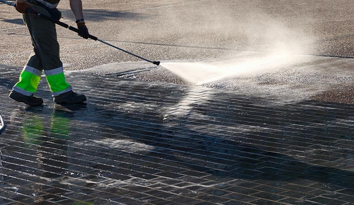 Professional worker power washing sidewalk