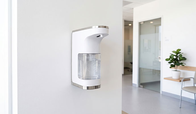 Touchless automatic hand sanitizer dispenser mounted in commercial office hallway