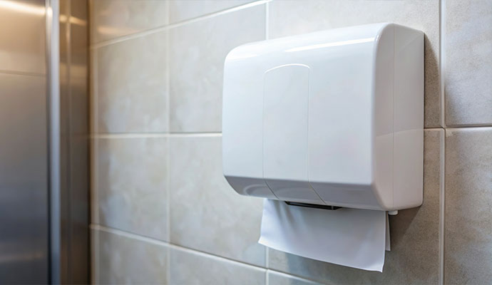 White wall-mounted commercial paper towel dispenser with folded paper