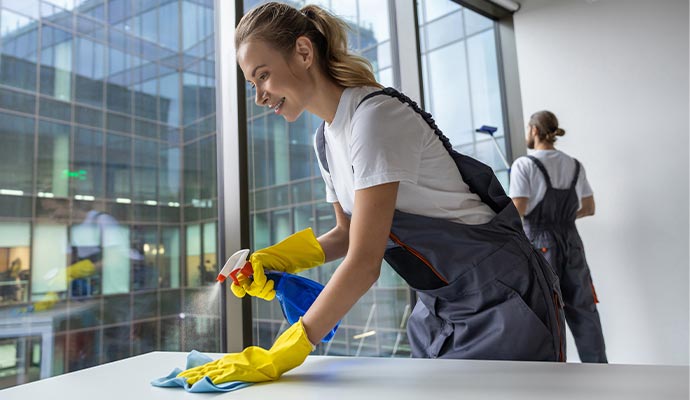 A woman cleaning a desk in an office.